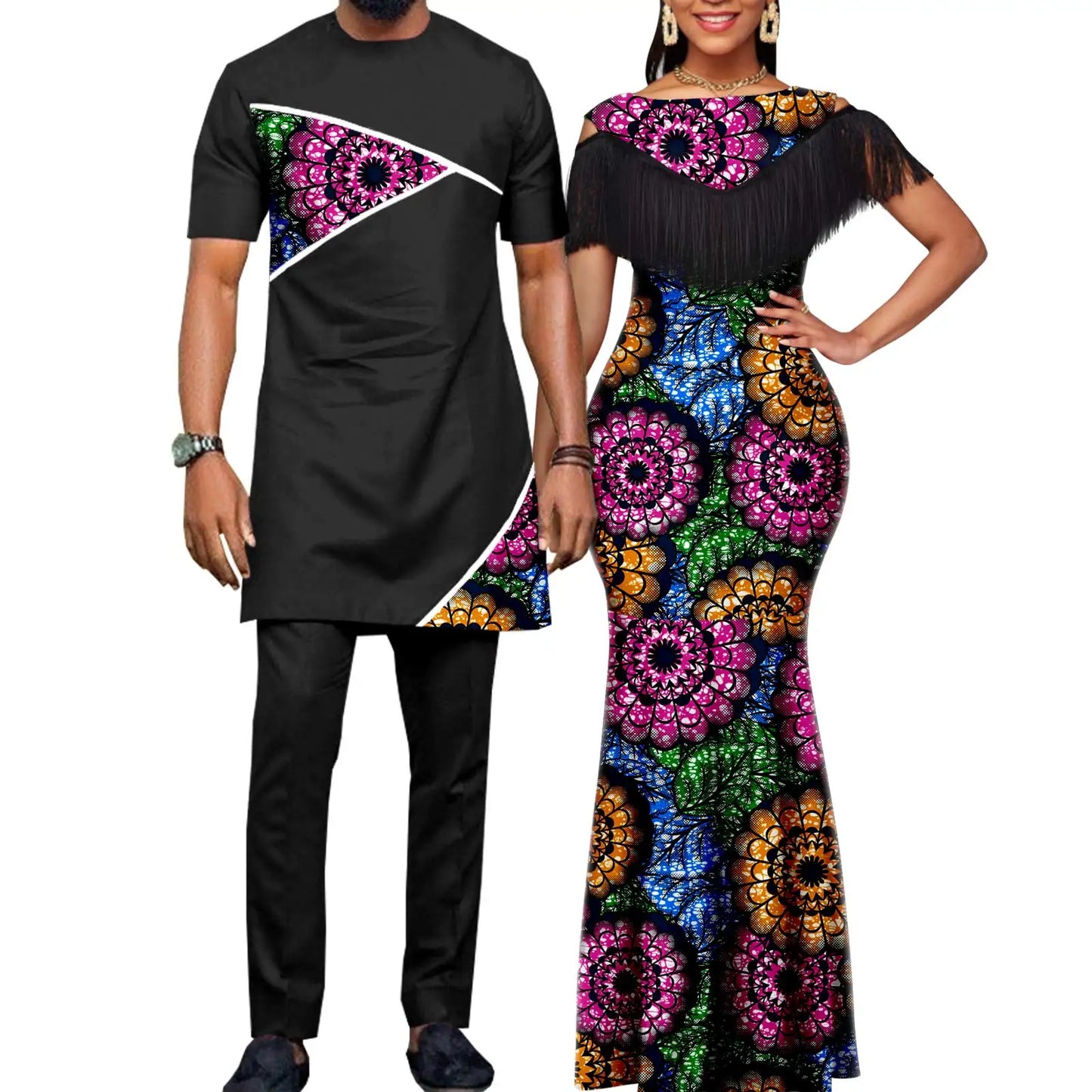 Robes africaines pour femmes, tenues de Couple assorties, Bazin Riche Dashiki, Slim, imprimé pompon, longues robes de fête Y23C009