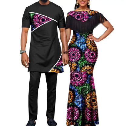 Robes africaines pour femmes, tenues de Couple assorties, Bazin Riche Dashiki, Slim, imprimé pompon, longues robes de fête Y23C009