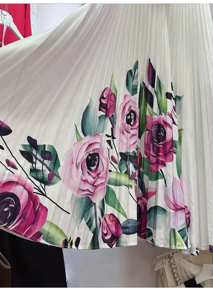 Printemps et été 2025 nouvelle robe plissée vintage à fleurs brodées à la taille, col en v, manches chauve-souris, taille haute, robe élégante.