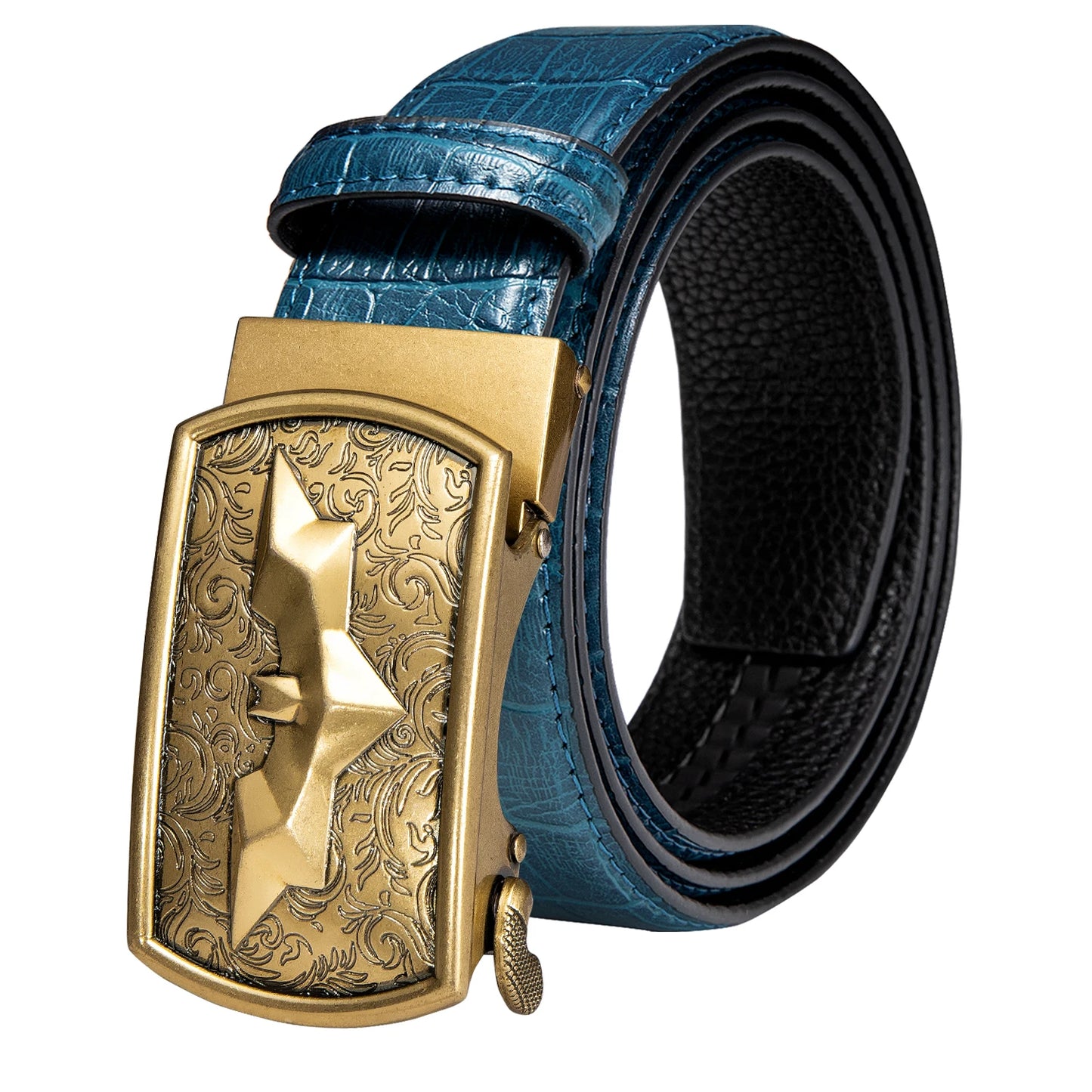 Ceinture en cuir de Crocodile bleu pour hommes, avec boucle automatique dorée, pour Jeans de Cowboy, nouvelle mode 2020