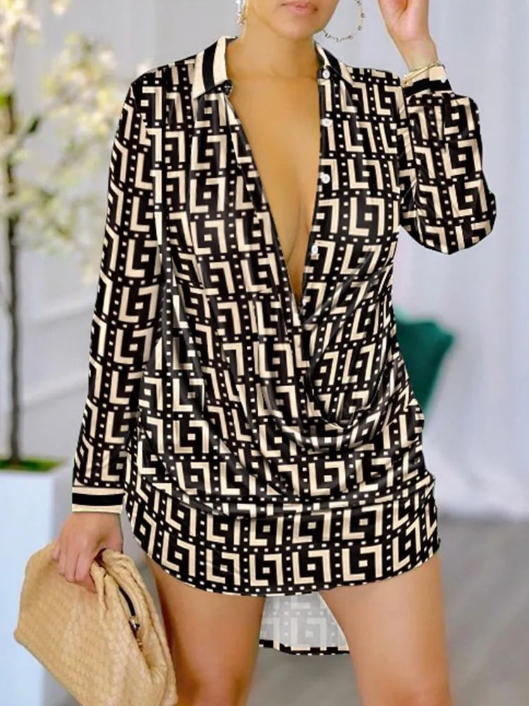 Printemps automne mode lettre imprimer à manches longues chemise Robe Robe femmes col rabattu boutons avant robes décontractées femme 2024