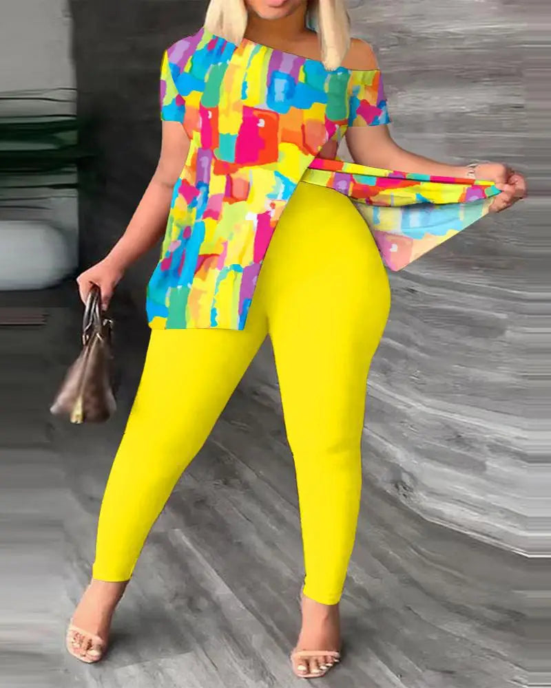 Ensemble deux pièces élégant pour femmes, nouvelle mode, imprimé, manches à volants, haut, pantalon de couleur unie, avec ceinture, chemisiers, vêtements féminins