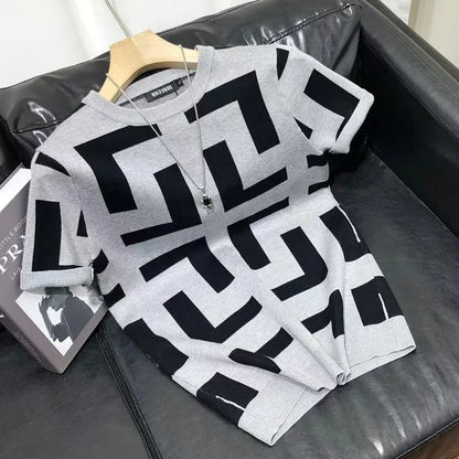 Polo BS été nouveaux hommes mince Vintage à manches courtes tricot t-shirt rayé imprimé col rond graphique t-shirts pour hommes Camiseta Masculina