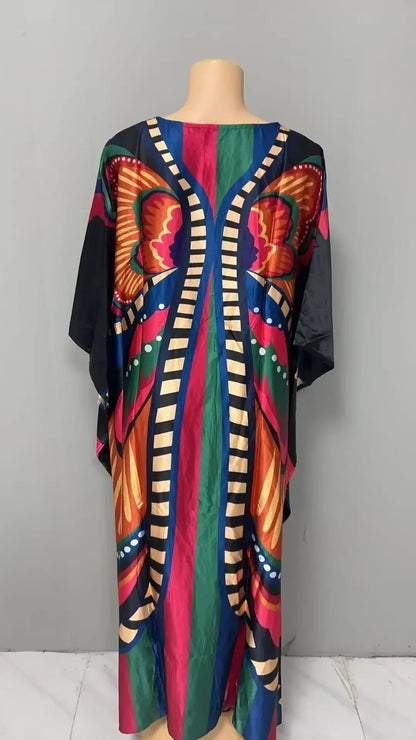 Robe confortable grande taille pour femmes, imprimé Floral, taille ample, jupe longue, manches chauve-souris, col en V, longueur cheville, mode élégante