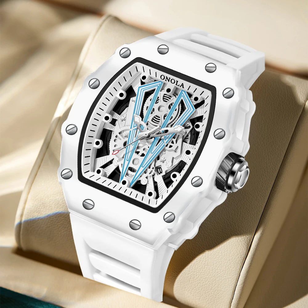 ONOLA-Montre Tonneau Blanche pour Homme, Horloge Masculine, Calendrier Showous, Degré d'Eau, Bande en Silicone