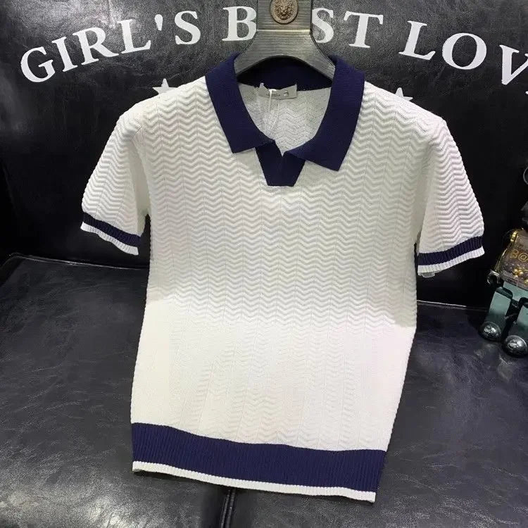 T-shirt à manches courtes en soie glacée pour hommes, pull tricoté à revers contrasté, tendance et personnalisé, décontracté, nouvelle collection été