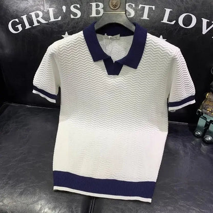 T-shirt à manches courtes en soie glacée pour hommes, pull tricoté à revers contrasté, tendance et personnalisé, décontracté, nouvelle collection été