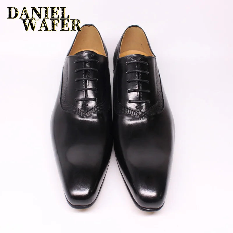 Chaussures Oxford de luxe en cuir véritable pour hommes, faites à la main, noir, marron, imprimé, à lacets, pointu, Parker, mariage, bureau, robe formelle