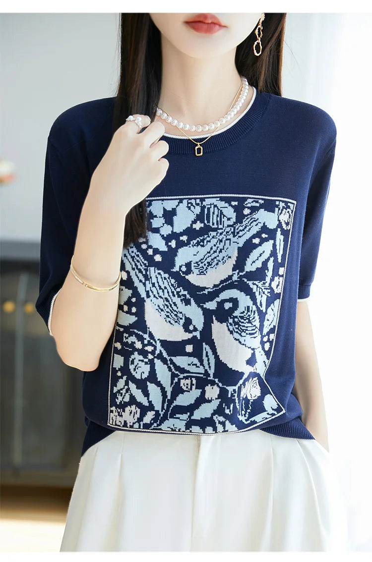 2025 été nouveau 100% Lyocell femmes à manches courtes décontracté col rond jacquard dessin animé T-shirt lâche hauts en tricot pull t-shirts cool