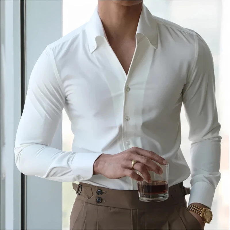 Chemise à col italien pour hommes, sans plis, décontractée, à la mode, coupe ajustée avec un Design à revers, vêtements de marque, pour jeunes, nouveau