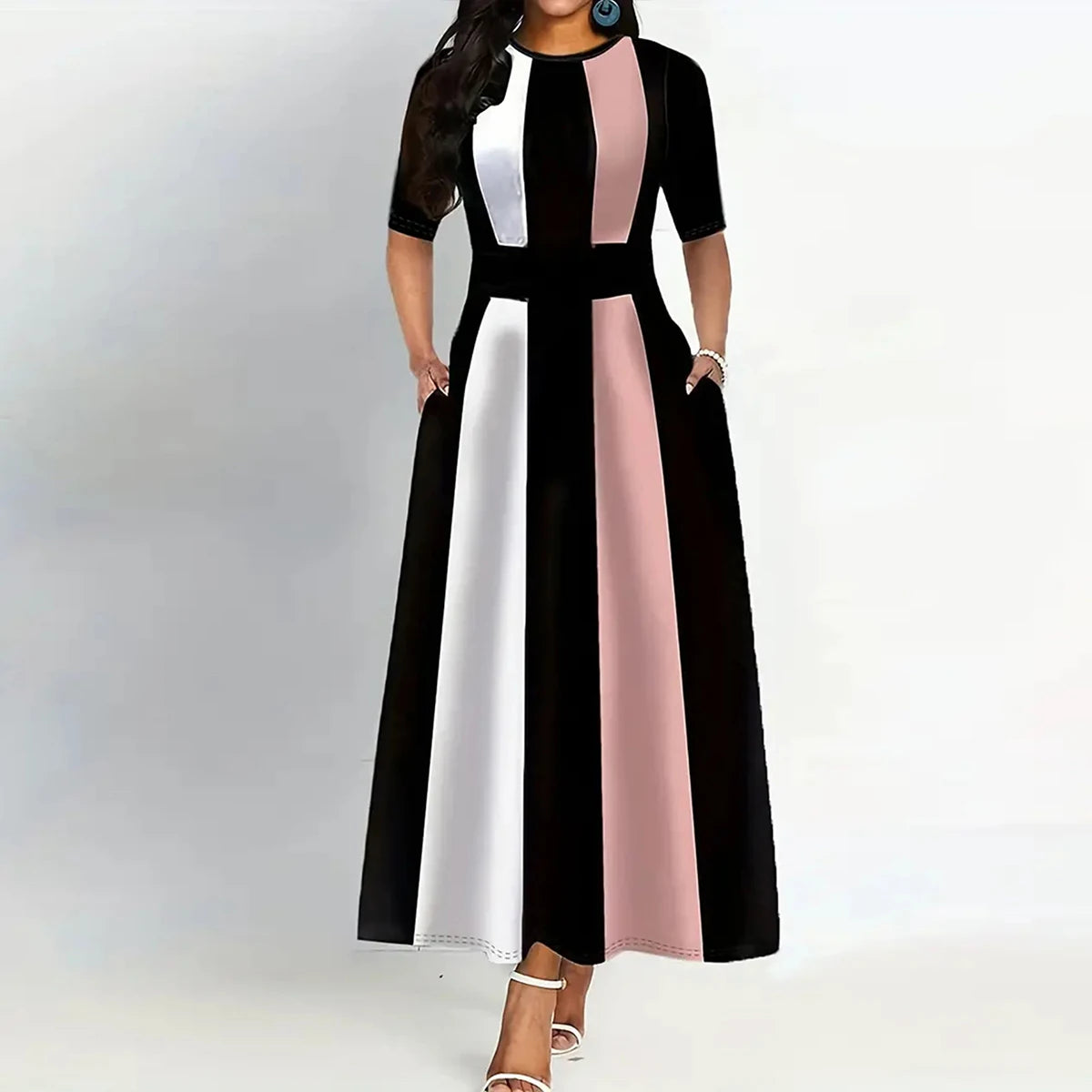 Robe à col rond bloc de couleurs, robe Vintage à manches courtes pour le printemps et l'été, vêtements pour femmes