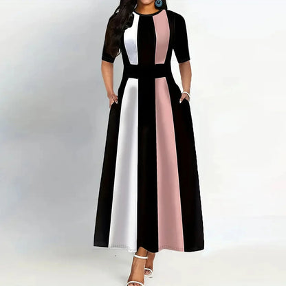 Robe à col rond bloc de couleurs, robe Vintage à manches courtes pour le printemps et l'été, vêtements pour femmes