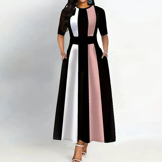 Robe à col rond bloc de couleurs, robe Vintage à manches courtes pour le printemps et l'été, vêtements pour femmes