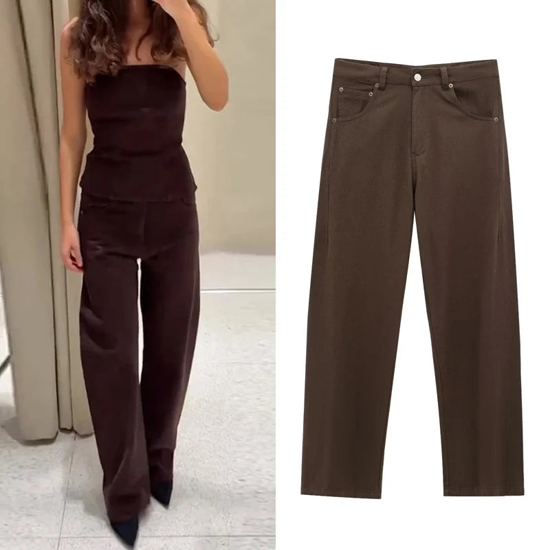 TRAF femmes jean marron taille haute poche Vintage Baggy jean femme pantalons longs décontractés printemps pantalon Streetwear été 2025