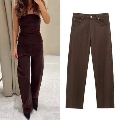 TRAF femmes jean marron taille haute poche Vintage Baggy jean femme pantalons longs décontractés printemps pantalon Streetwear été 2025