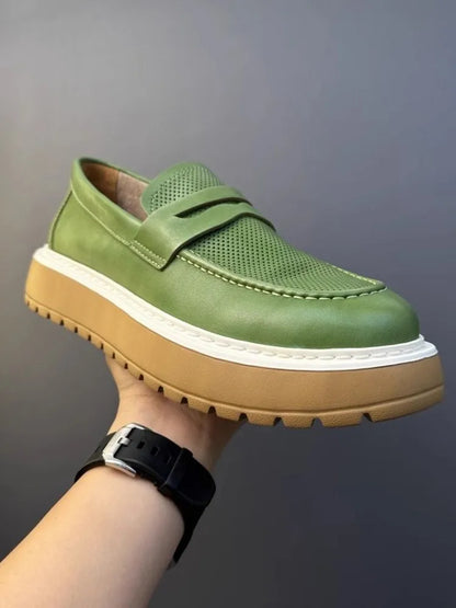 Mocassins en cuir de vachette à plateforme vintage pour hommes, chaussures en cuir véritable, respirant, évider, décontracté, conduite, affaires, été