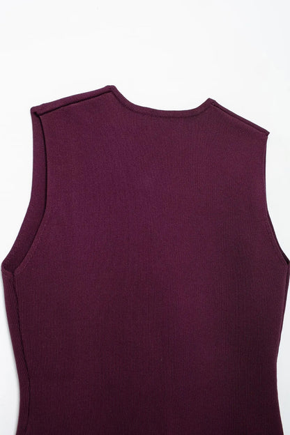 TRAFZA 2025 femmes jupe ensemble vin rouge tricoté col en v sans manches mince gilet + solide taille haute fermeture éclair Patchwork jupe longue rue