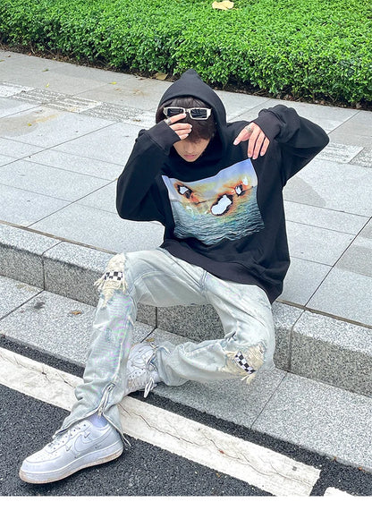 Jean à jambes larges pour homme et femme, streetwear, décontracté, déchiré, troué