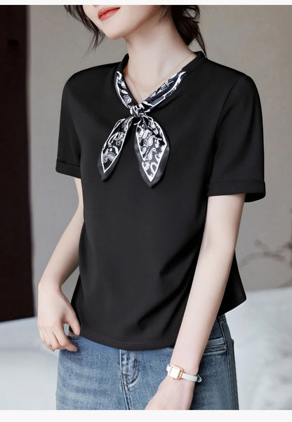 T-Shirt à manches courtes et col en V pour femme, écharpe structurée, épaules froncées, cravate à la taille, amincissante, nouvelle collection 2025