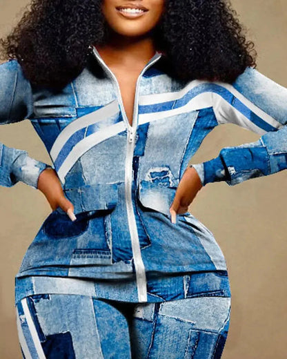 Ensemble de pantalons longs droits pour femmes, fermeture éclair imprimée, col montant, gaine, manches longues, décontracté, automne, hiver, 2024