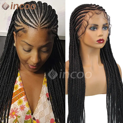 Perruque tressée synthétique Cornrow Box, perruques Full Lace Front, tresses tribales, perruque tressée Jgreeting Box, perruque tressée Faux Locs sans nœuds, 36 po