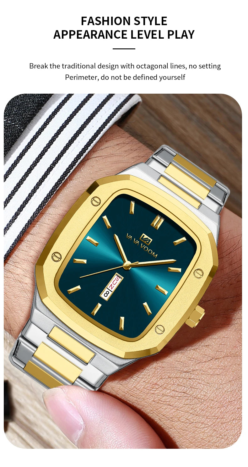 2024 Nouveaux hommes montre mode carré bracelet en acier inoxydable bleu or 3Bar Quartz semaine calendrier simulé affaires sport montre-bracelet