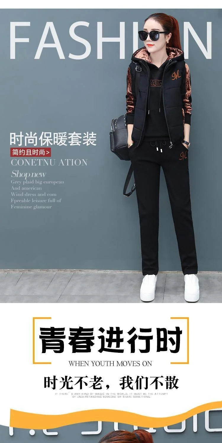 Mode femme peluche épaissi Sweat costume 2025 automne hiver nouveau décontracté hauts à capuche gilet pantalon 3 trois pièces ensemble pour les femmes