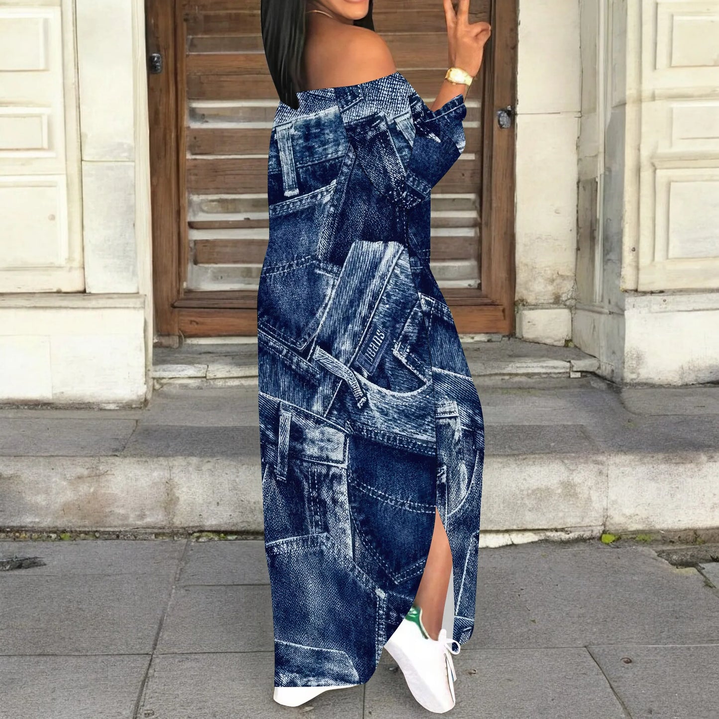 Robe en jean imprimé rétro, manches longues, coupe cintrée, élégante, décontractée, fente, col à une épaule