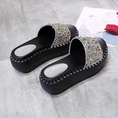 Plate-forme strass sandales pantoufles femmes pierres précieuses diapositives femmes chaussures chaussons compensés chaîne perle plage diapositives chaussures