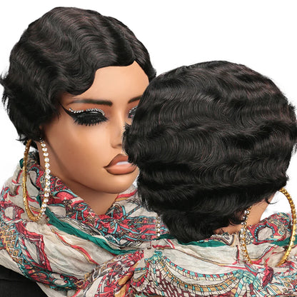 Perruque de Cheveux Humains Courts et Ondulés, Brun, Coupe Pixie, Style Océan, pour Femme