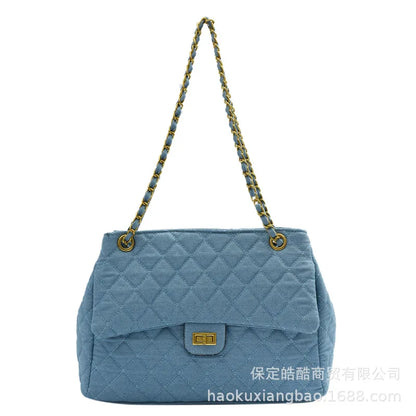 Sac à bandoulière en chaîne en Denim tendance, polyvalent, à motifs de diamants, forme carrée douce, Style minimaliste neutre, Linin en Polyester