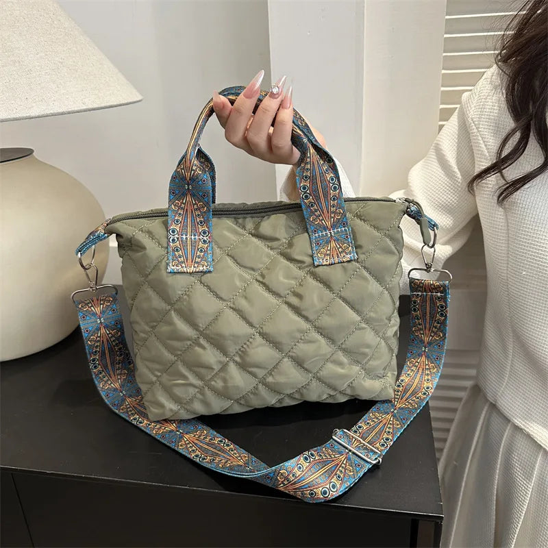 Sac à main à large ceinture pour femmes, automne/hiver, espace losange, sac à bandoulière en coton, grande capacité, fourre-tout de Shopping assorti