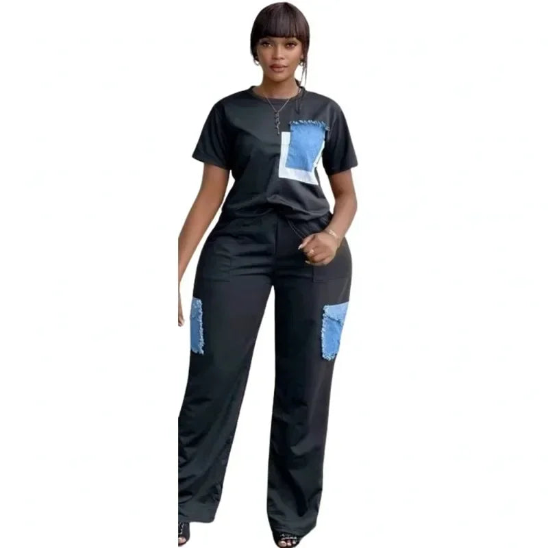 Ensemble Dashiki en Denim pour Femme, Vêtements Africains, Nouvelle Mode, Manches Courtes, Haut et Pantalon Imbibés, Ensembles Assortis pour ix, Été, 2 Pièces