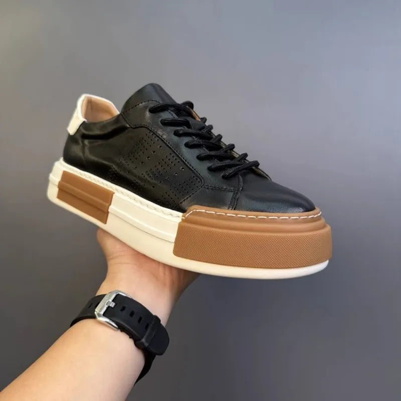 Hommes chaussures en cuir véritable à lacets couleurs mélangées plate-forme chaussures Hip Hop respirant espadrilles décontractées hommes bout rond chaussures d'entraînement