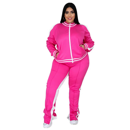 Grande taille L-5XL deux pièces ensemble femmes survêtement Zip haut rayé fente pantalons de survêtement survêtement tenue correspondant ensemble en gros livraison directe