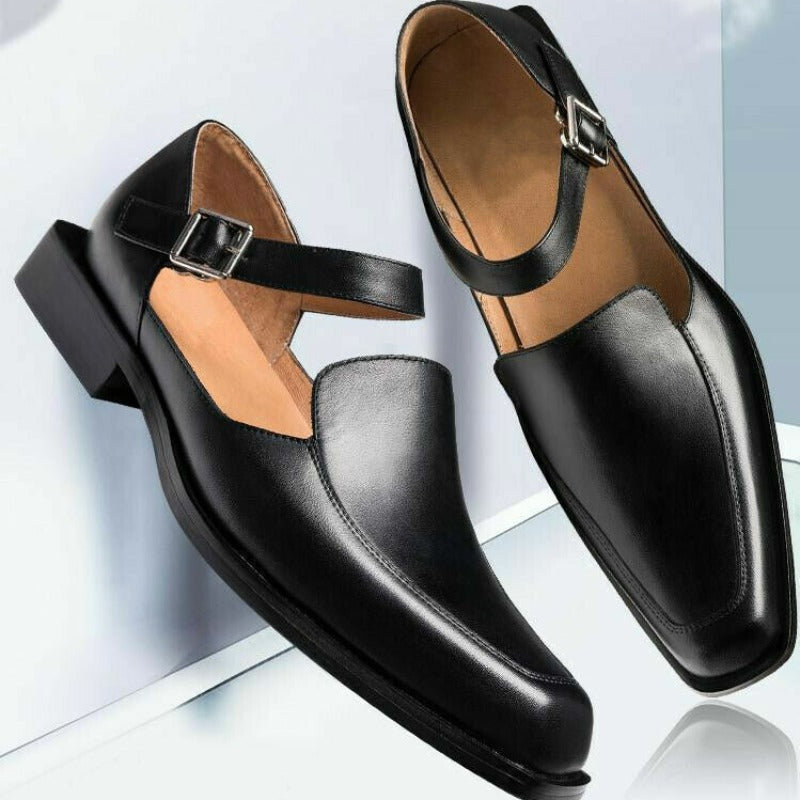 Sandales d'été noires pour hommes, chaussures habillées en cuir Pu avec sangle à boucle, chaussures formelles d'affaires, nouvelle collection