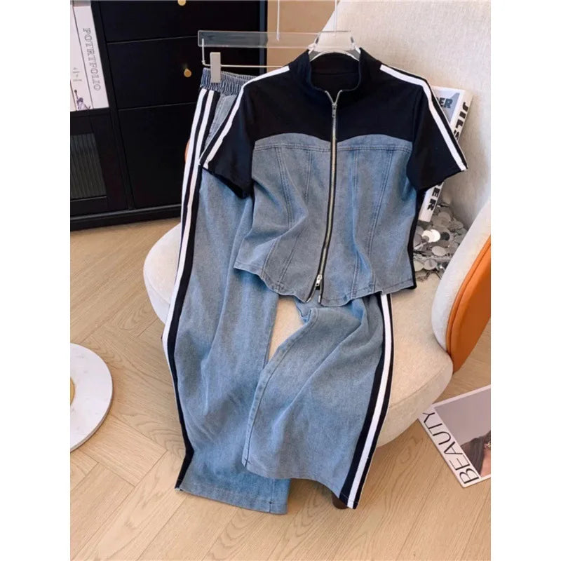 Ensemble pantalon femmes deux pièces ensembles Denim épissure fermeture éclair ensembles assortis manteaux décontractés jambe large pantalons longs à lacets taille élastique 2025