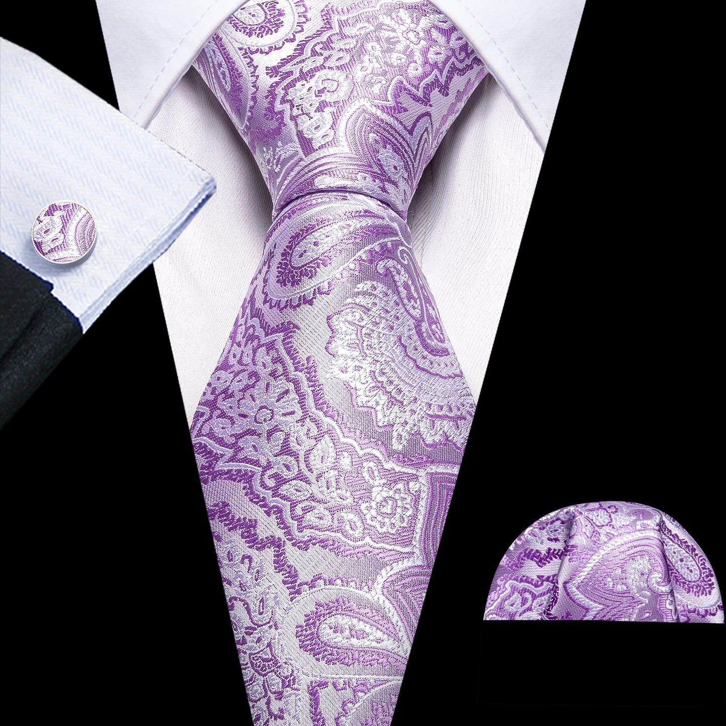 Barry.Wang violet lilas lavande soie hommes cravate mouchoir bouton de manchette ensemble Jacquard cravate florale pour homme mariage fête d'affaires