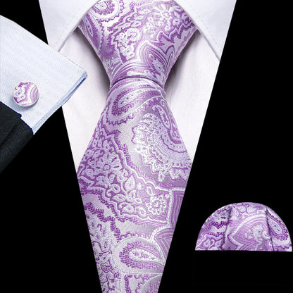 Barry.Wang violet lilas lavande soie hommes cravate mouchoir bouton de manchette ensemble Jacquard cravate florale pour homme mariage fête d'affaires