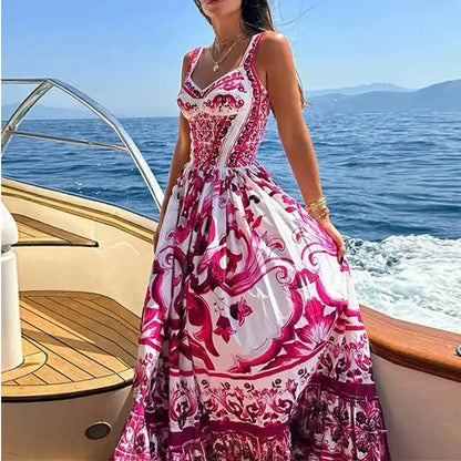 Robe d'été plissée pour femmes, Sexy, col en V, taille haute, mode, imprimé Floral, sans manches, robe de vacances, nouvelle collection