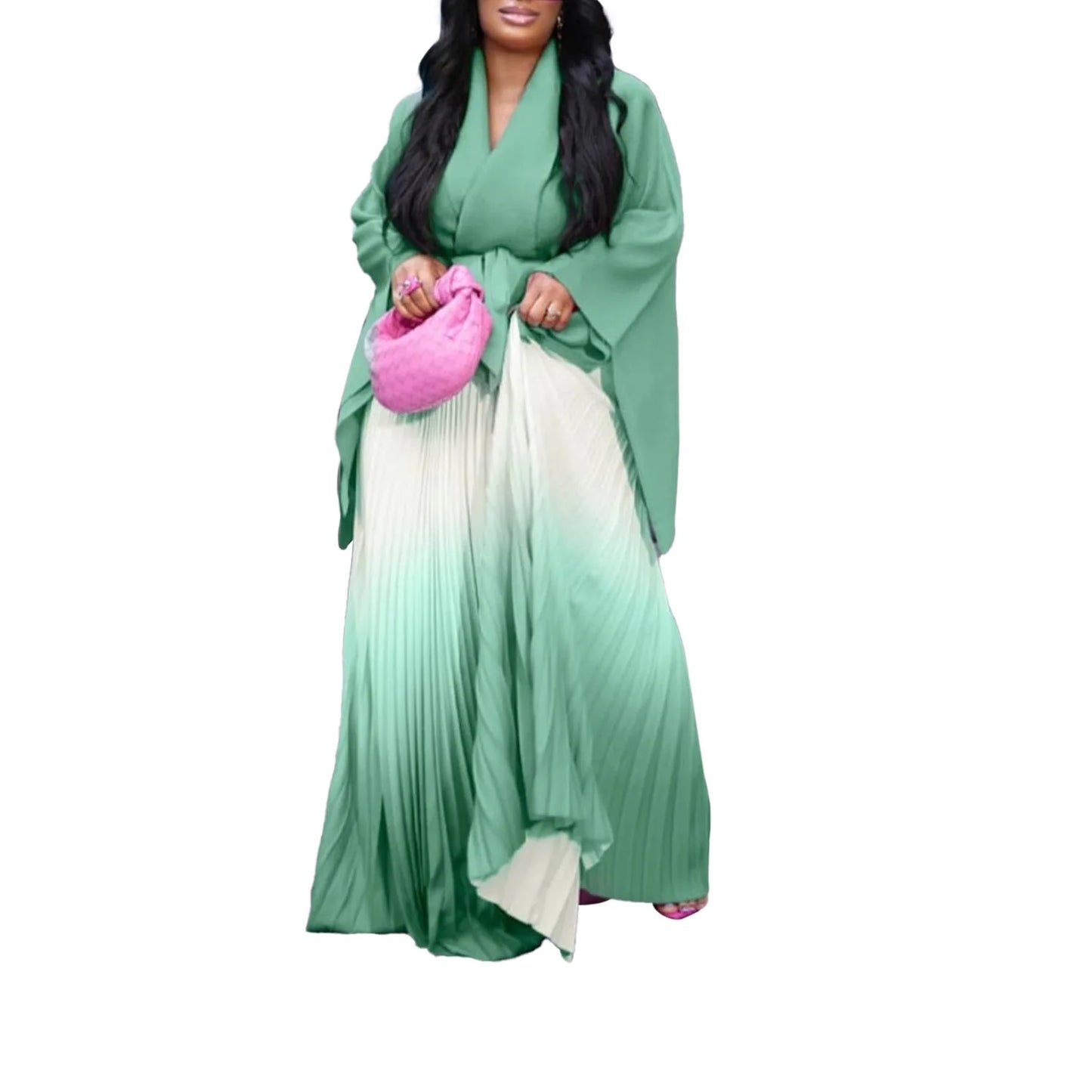 CM.YAYA – ensemble dégradé pour femmes, chemisier à manches longues avec ceinture, chemise et jupes longues plissées, costume de rue, ensemble deux pièces, survêtement