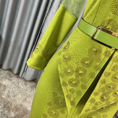 Robe longue africaine à col en v, ornée de strass, manches en maille à bulles, ajustée à la taille, fente latérale, offre spéciale