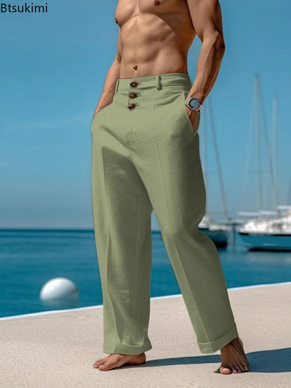 Pantalon de Plage en Coton et Lin pour Homme, Vêtement Décontracté, Respirant, Fin, Style Rétro, Nouvelle Collection Été