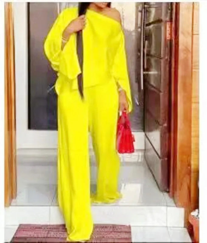 Ensemble Deux Pièces Élégant pour Femme, Couleur Unie, Manches Évasées, Sexy, Blouse, Haut + Pantalon à Jambes Larges, Costumes à la Mode, Automne