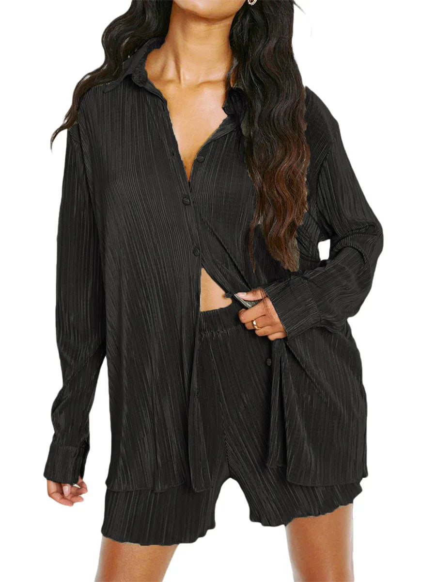 Ensemble de vêtements décontractés pour femmes, chemise froncée à manches longues, boutonnée et short, 2 pièces