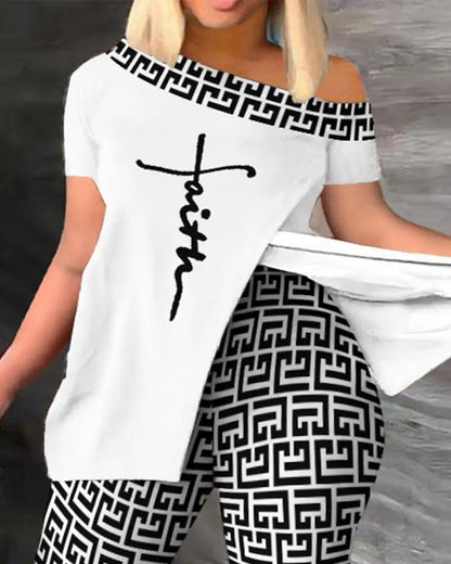 Ensemble deux pièces élégant pour femmes, nouvelle mode, imprimé, manches à volants, haut, pantalon de couleur unie, avec ceinture, chemisiers, vêtements féminins