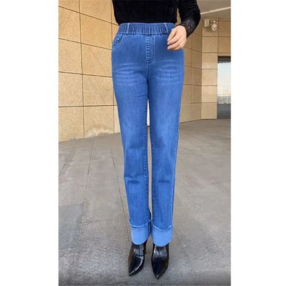 Jean femme d'âge moyen printemps automne taille extensible pantalon en Denim droit grande taille ample taille haute décontractée noir bleu pantalon