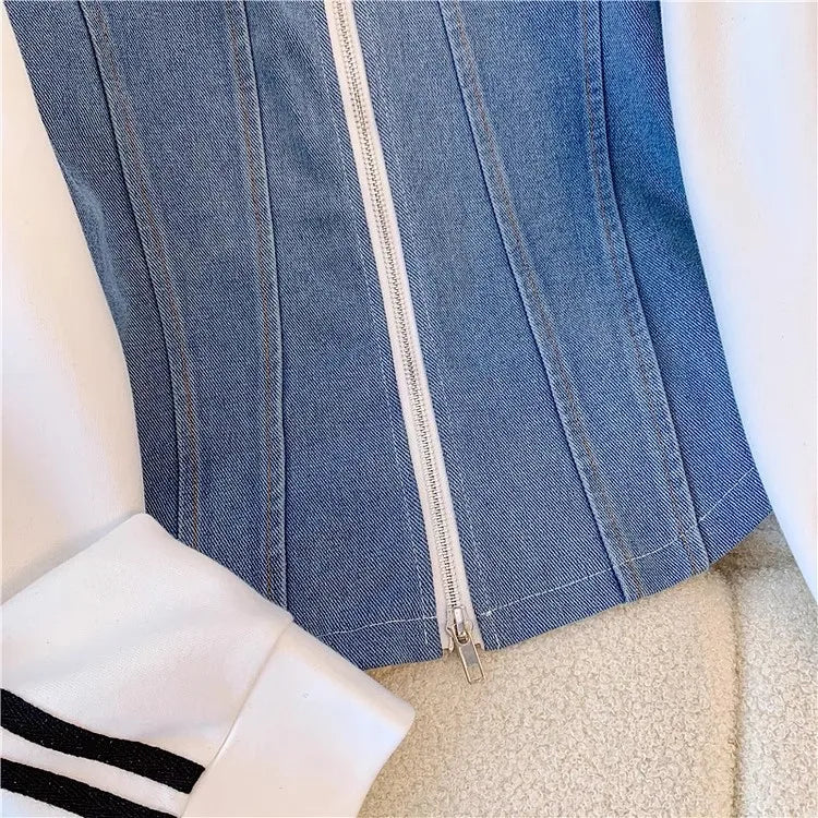 Ensemble pantalon femmes deux pièces ensembles Denim épissure fermeture éclair ensembles assortis manteaux décontractés jambe large pantalons longs à lacets taille élastique 2025