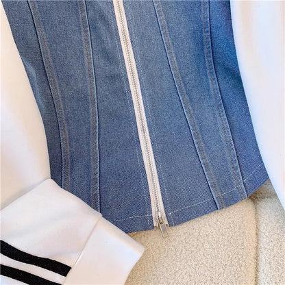 Ensemble pantalon femmes deux pièces ensembles Denim épissure fermeture éclair ensembles assortis manteaux décontractés jambe large pantalons longs à lacets taille élastique 2025