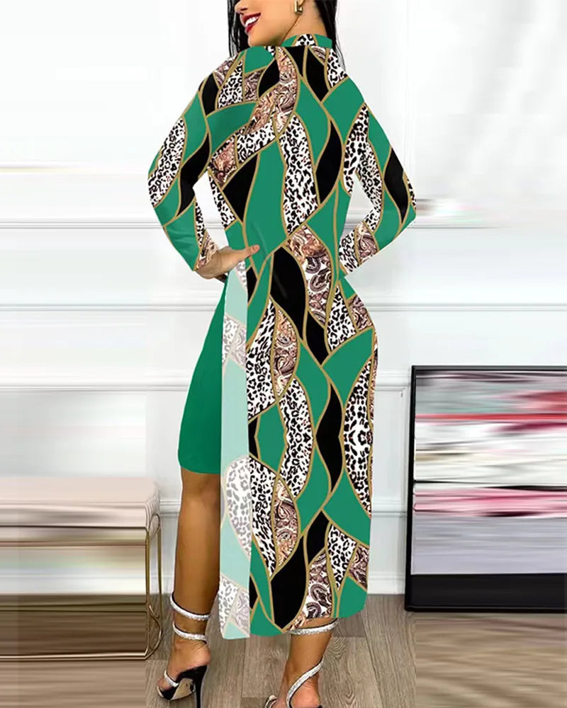 Robe décontractée à manches longues et col rond pour femme, tenue de bureau élégante, mode printemps-automne, imprimé géométrique, fente latérale, 2023